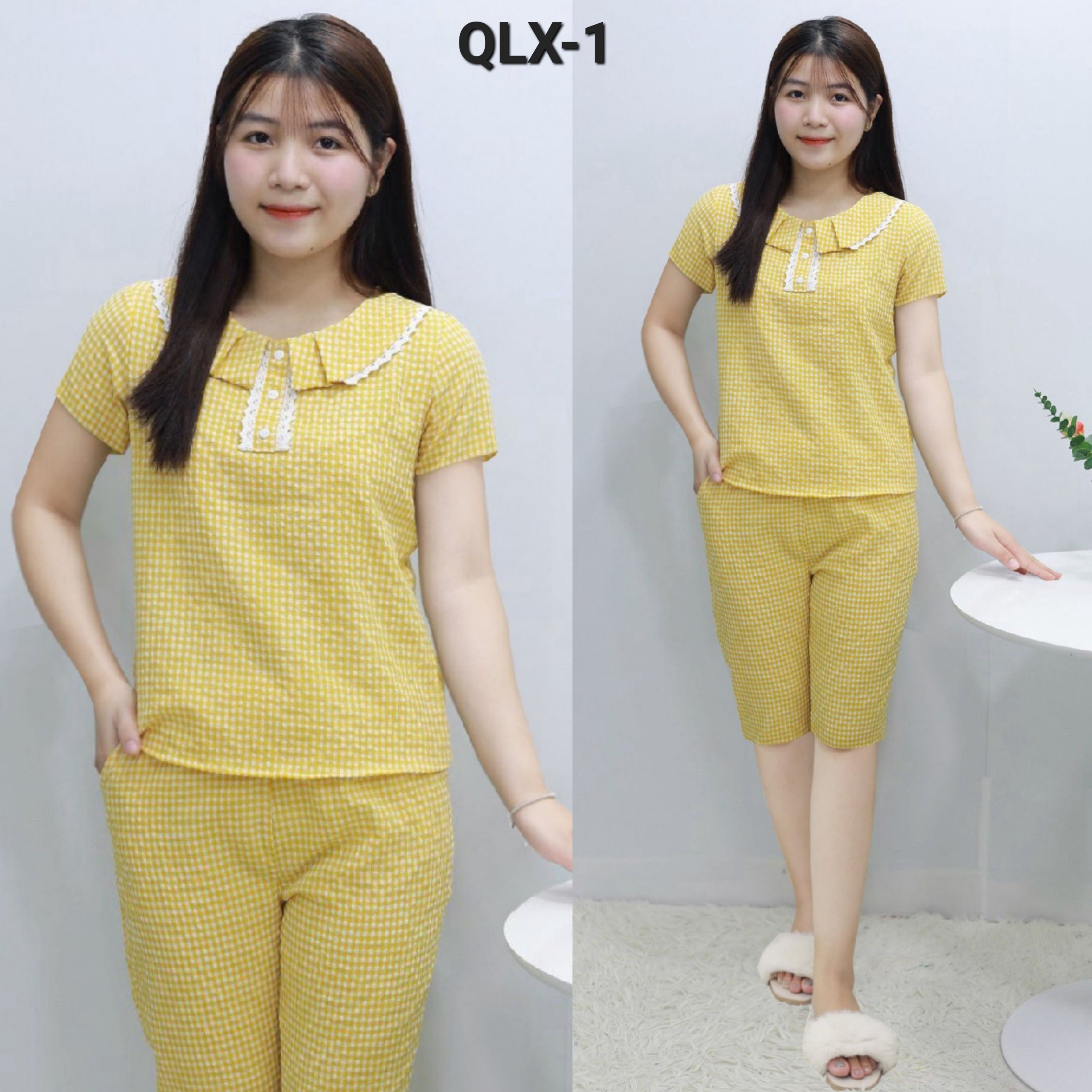 Đồ bộ mặc nhà mẫu lửng kẻ thô hàn mềm mát dễ mặc