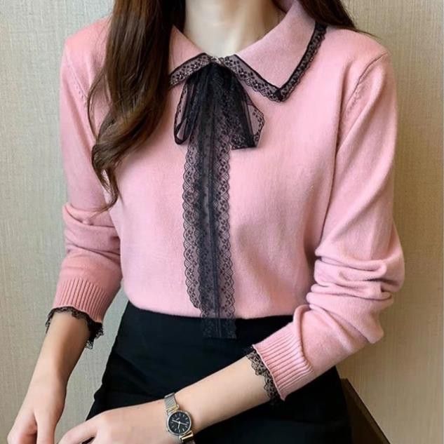 Áo len cổ sen viền ren nơ mềm mịn