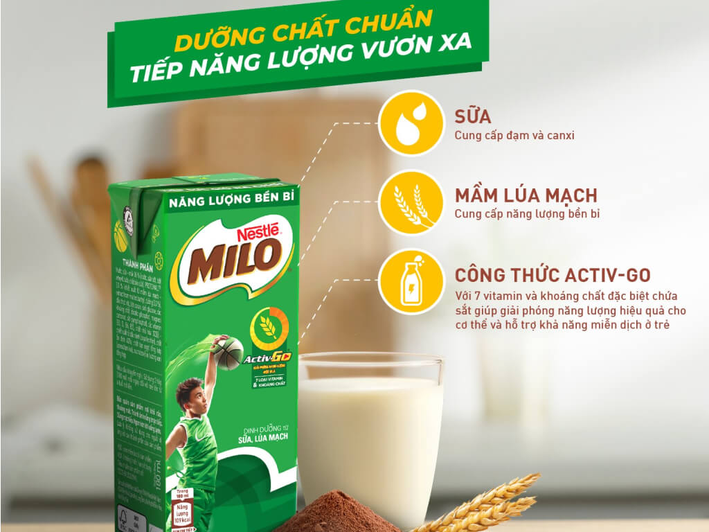 Lốc 4 hộp sữa Milo lúa mạch 180ml