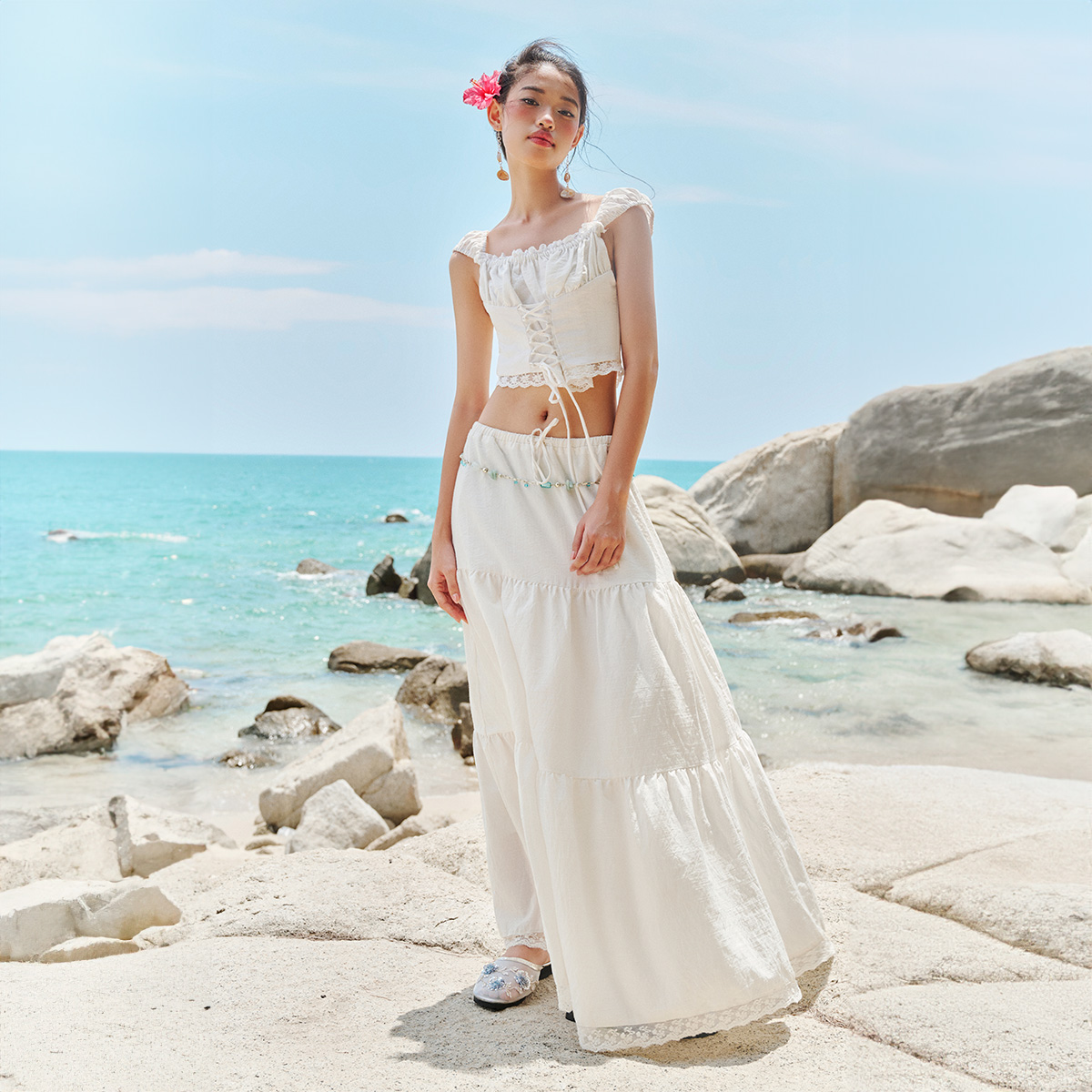 DOTTIE - Chân váy maxi phối ren - Trắng - S0208