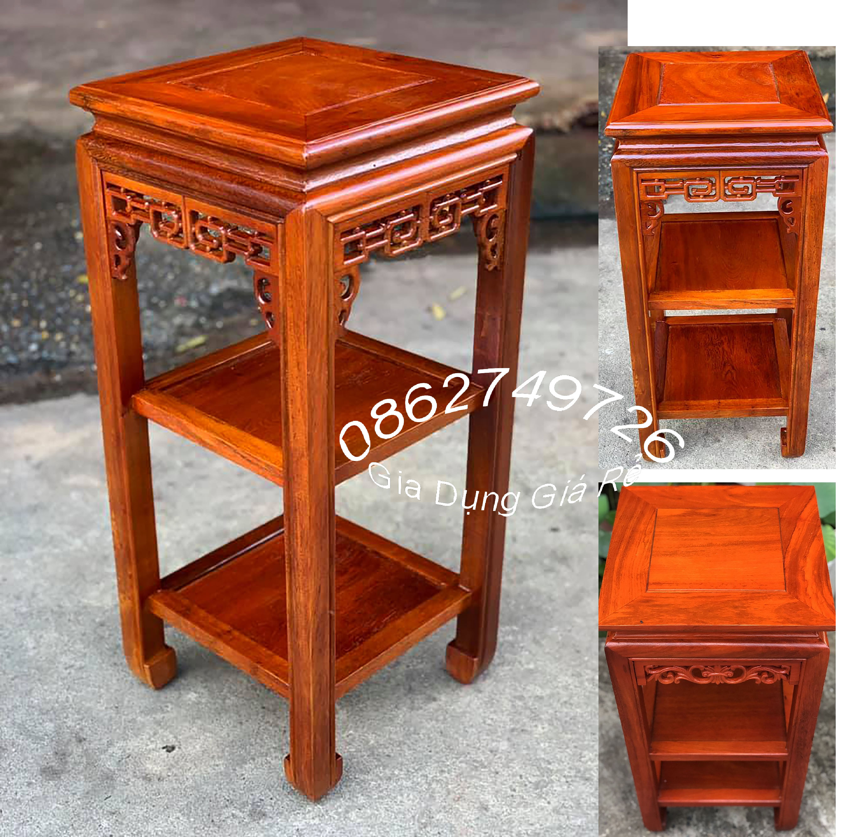 Đôn chiện đế vuông 2 tầng trang trí gỗ lim mặt 30cm cao 80cm