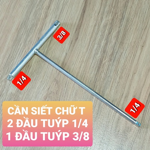 Cần siết cán thép tạo lực chữ t có 3 đầu nối tuýp gồm 2 đầu 1/4 và 1 đầu 3/8 không kèm đầu khẩu