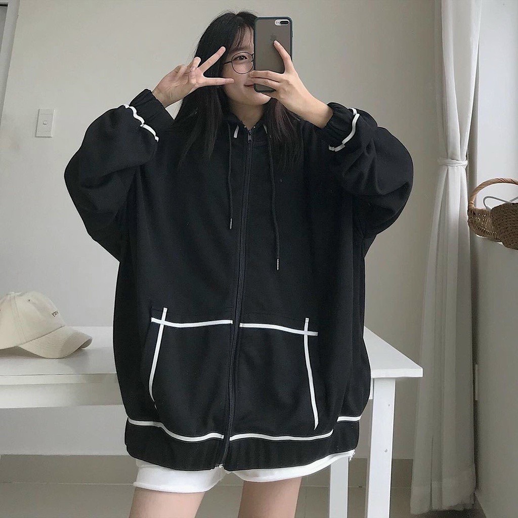 Áo Khoác Hoodie Nữ Viền Tay Bồng form rộng có mũ màu ĐEN | HỒNG | XANH TP672