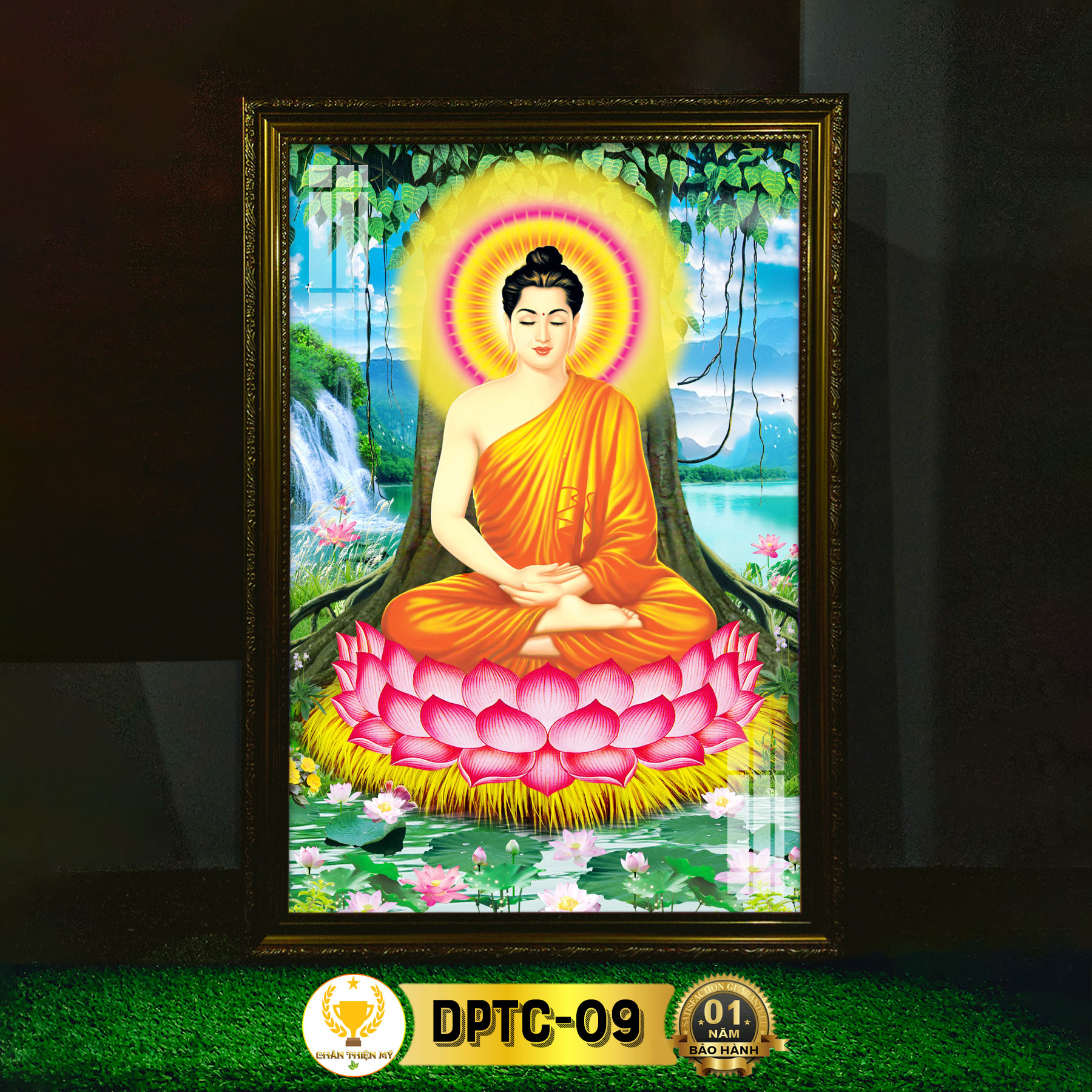 Tranh thờ phật thích ca có đèn chân thiện mỹ, trang trí bàn thờ treo tường cùng tượng phật dptc-09
