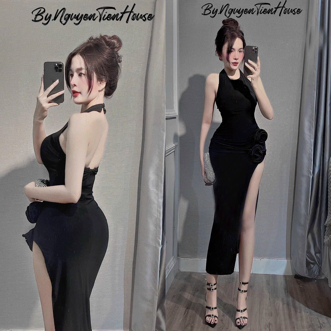 Đầm body yếm xẻ đính hoa thun dẻo siêu sinh