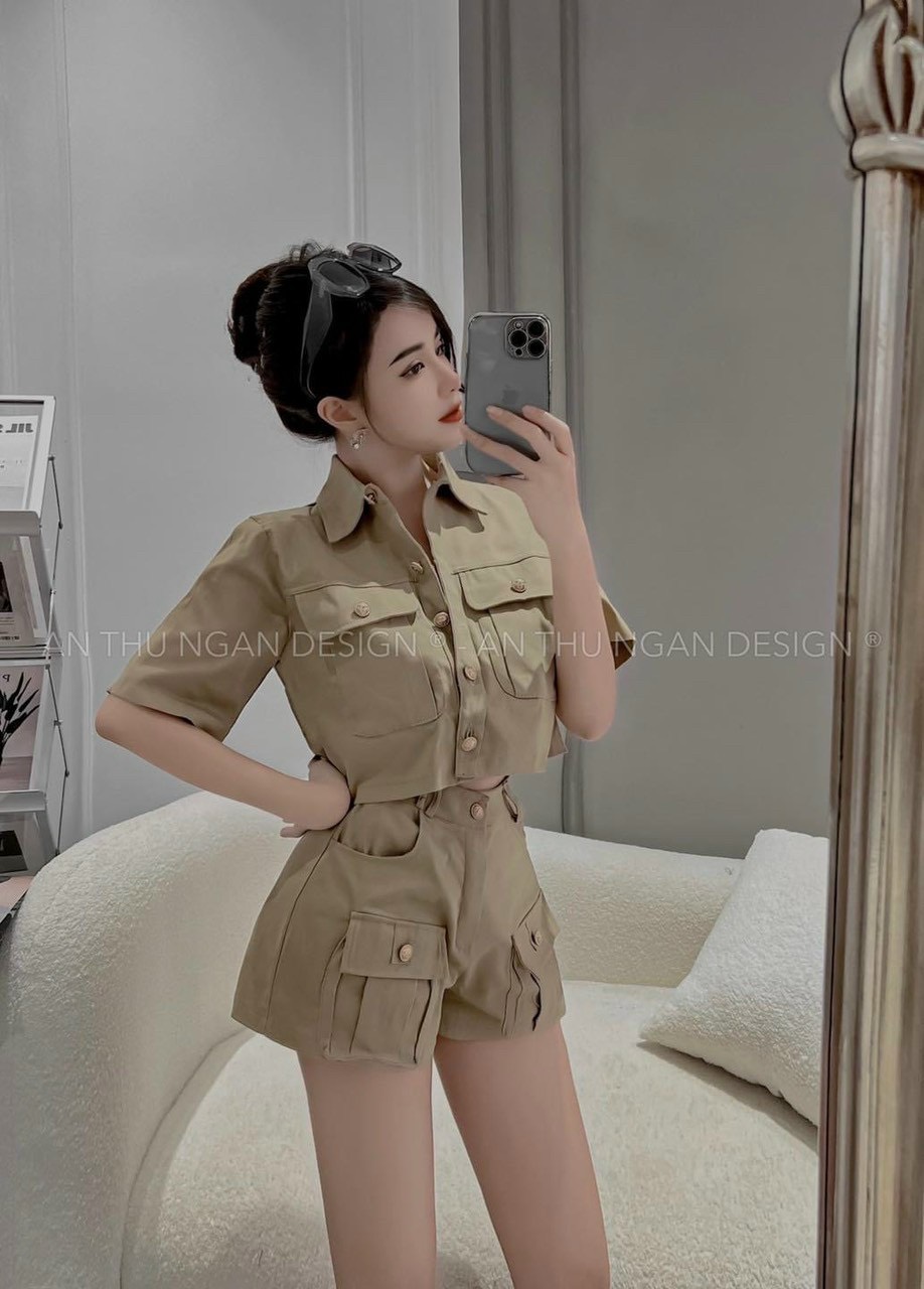 Sét bộ nữ thời trang mặc đi chơi, sét bộ tuyết mưa cổ vest ngắn mix quần đùi cạp cao, sét bộ công sở