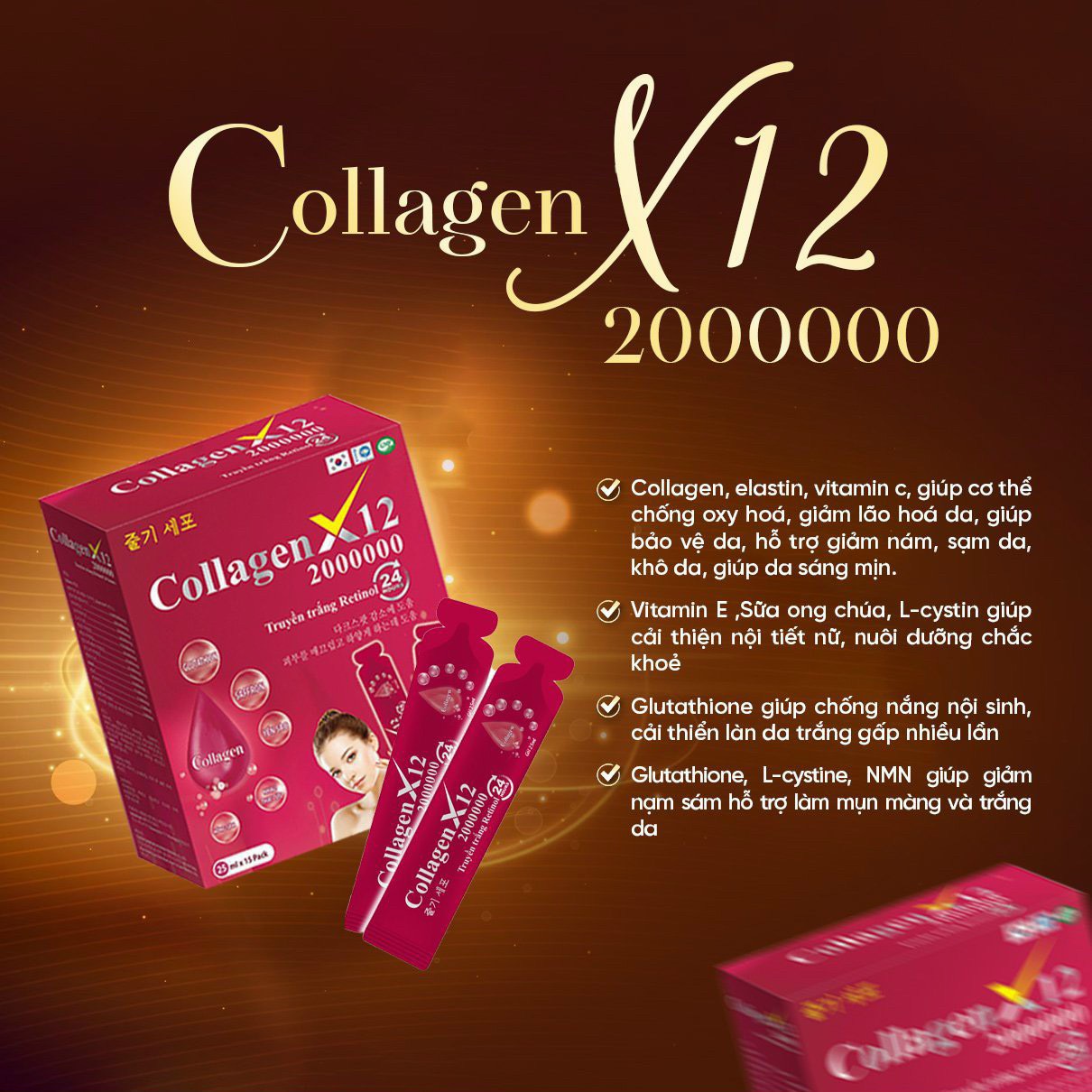 Nước Collagen X12 -Vitamin C NMN Giúp Trắng Trẻ Hóa Làn Da Cân Bằng Nội Tiết Tố - Hộp 15 gói x 25ml