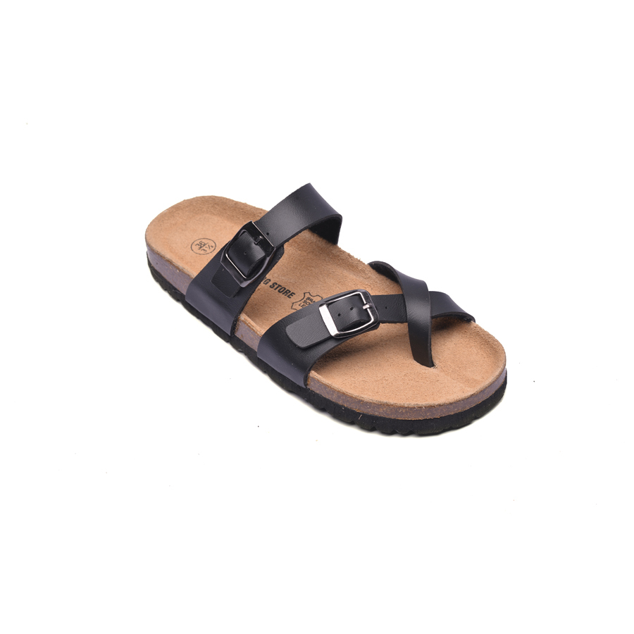 Dép đế trấu unisex xỏ ngón da pu đen