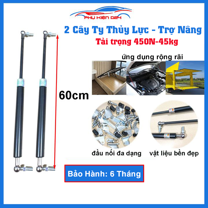Bộ 2 ty thủy lực, ben hơi dài 60cm chịu lực 450N-45kg/1 cây chống nắp capo, cốp ô tô, cánh cửa công nghiệp trợ nâng, trợ lực tốt