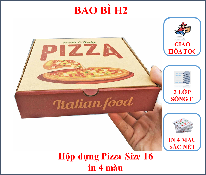 100 Hộp đựng Pizza size 16 in sẵn kích thước 16x16x4cm. in 4 màu sắc nét. Hộp giấy carton sóng E 3 lớp bồi kraft.