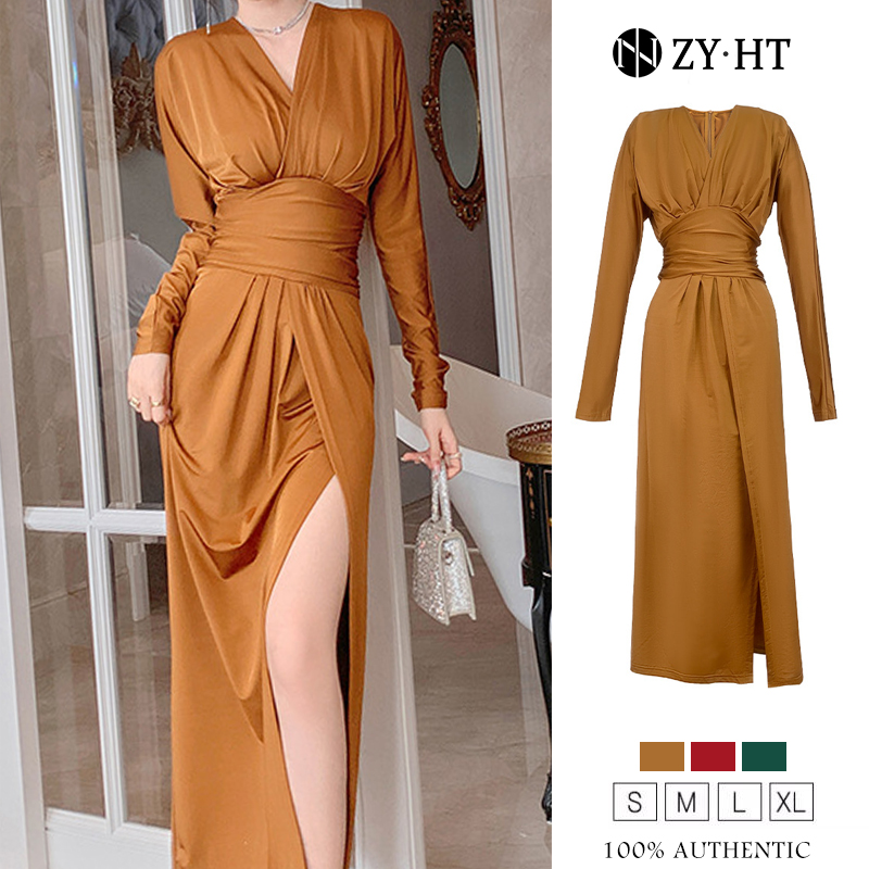 ZYHT eravogue chân váy dài hàn quốc áo dài eo cao Cổ chữ v đầm tiểu thư sang chảnh đầm xẻ tà 5230