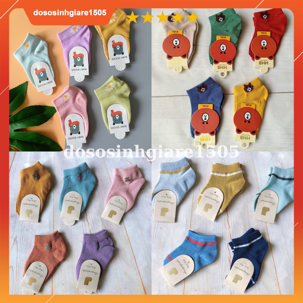 Set 5 đôi vớ len cotton màu mẫu gấu size 0-12 tháng/ Tất sơ sinh em bé mềm mịn