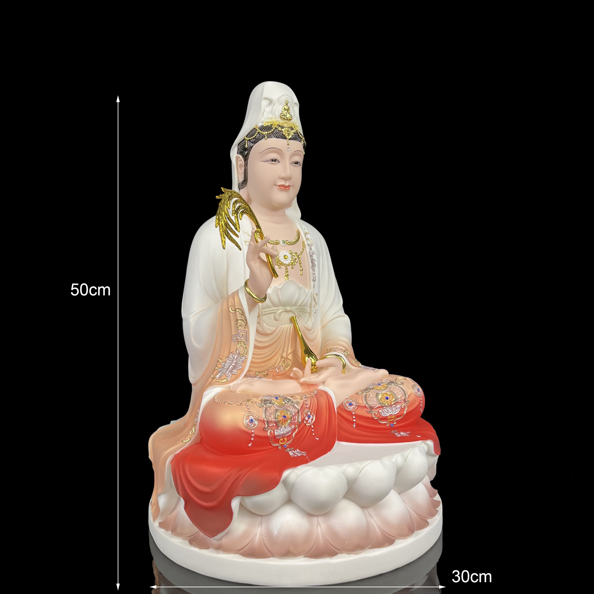 Tôn tượng quan âm 2910 ngồi bục hoa sen áo đỏ , vàng bằng nhựa cứng - phật giáo tuệ quang