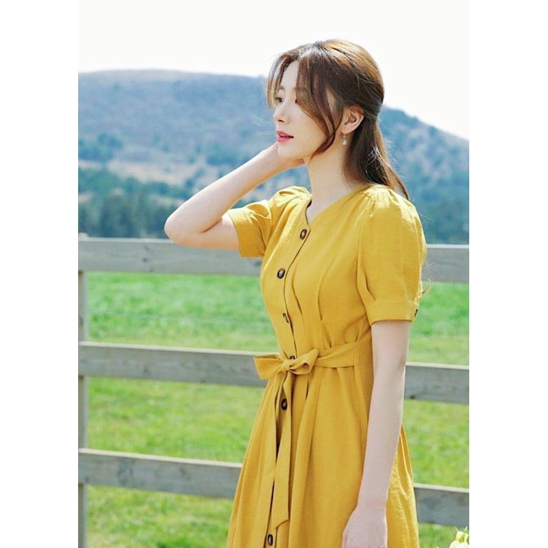 ĐẦM VÀNG NÚT NÂU THẮT EO (có ảnh thật) MS66