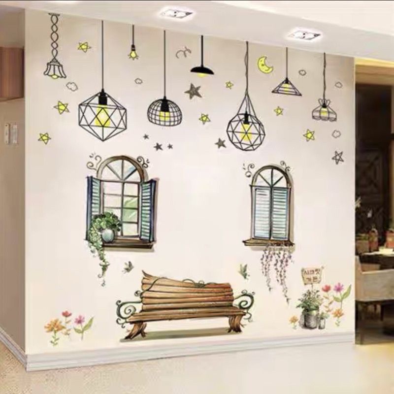 Decal dán tường cửa sổ và đèn vàng