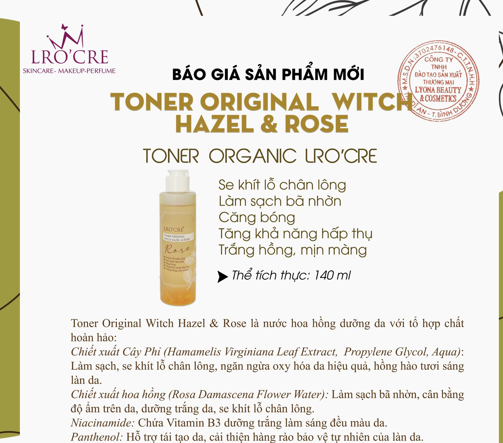 [HCM]TONER ORGANIC NƯỚC HOA HỒNG LROCRE