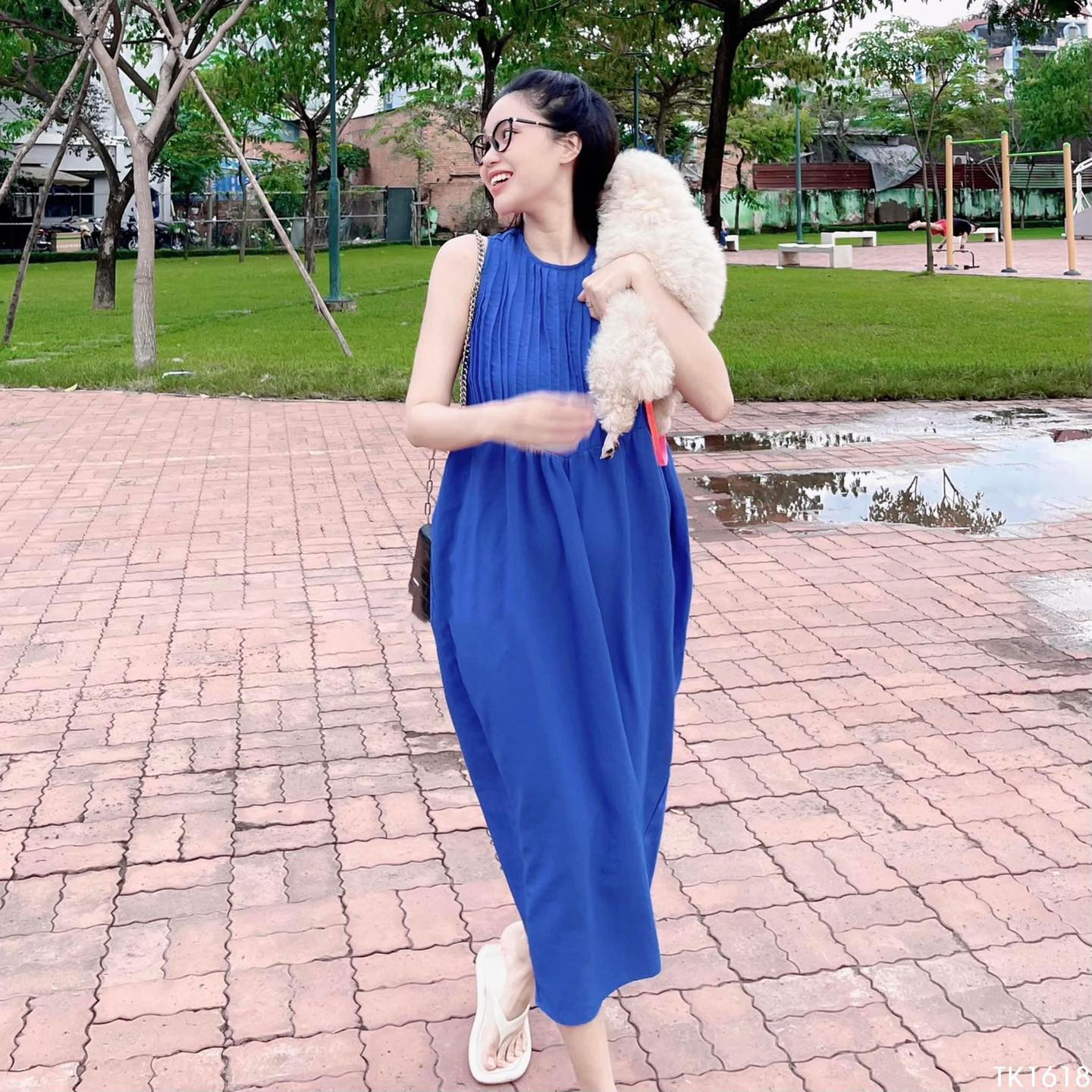 [Ảnh thật] Đầm suông cổ tròn xếp li xinh xắn chất linen lụa mềm đẹp