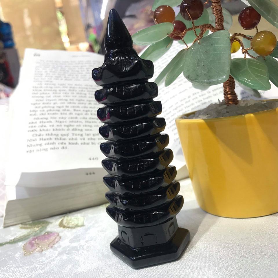 Tháp văn xương 9 tầng đá núi lửa obsidian đen 15cm
