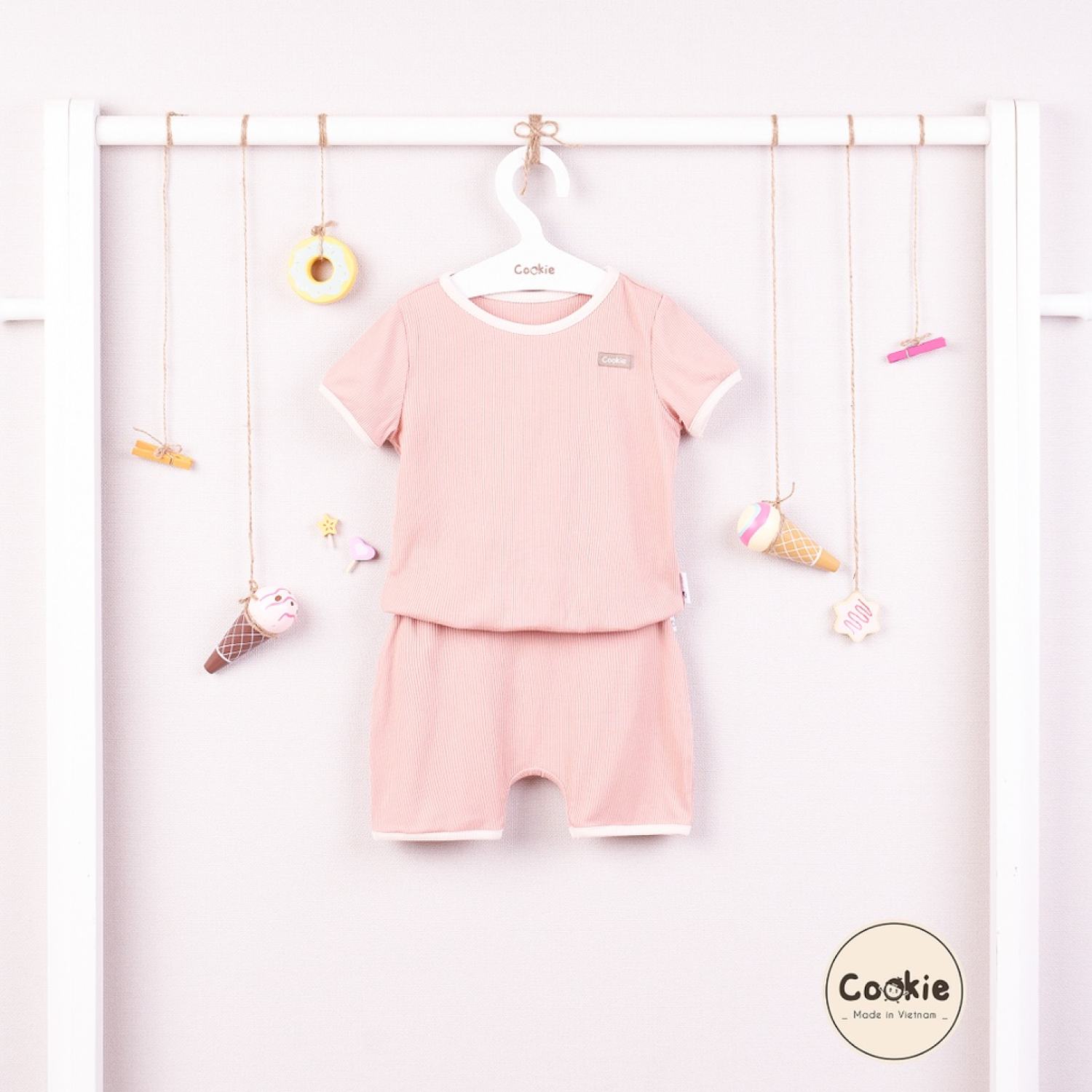 Bộ cộc tay chui đầu phối viền COOKIE cho bé - chất cotton tăm mềm mát