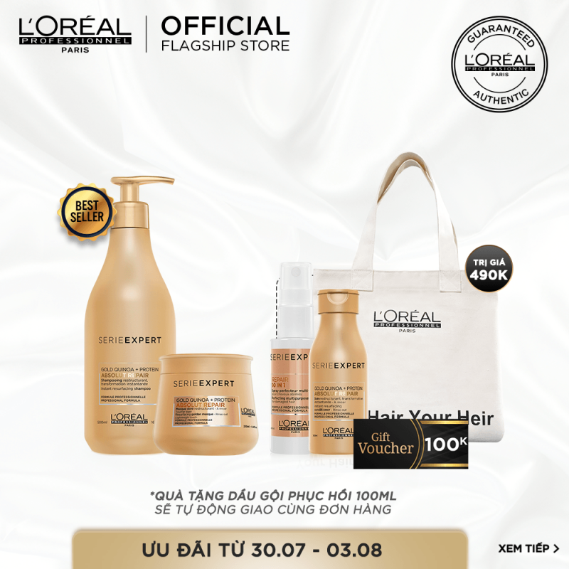 [Tặng Voucher 100k] Bộ sản phẩm phục hồi tóc hư tổn toàn diện Absolut Gold Repair LOréal Professionel giá rẻ