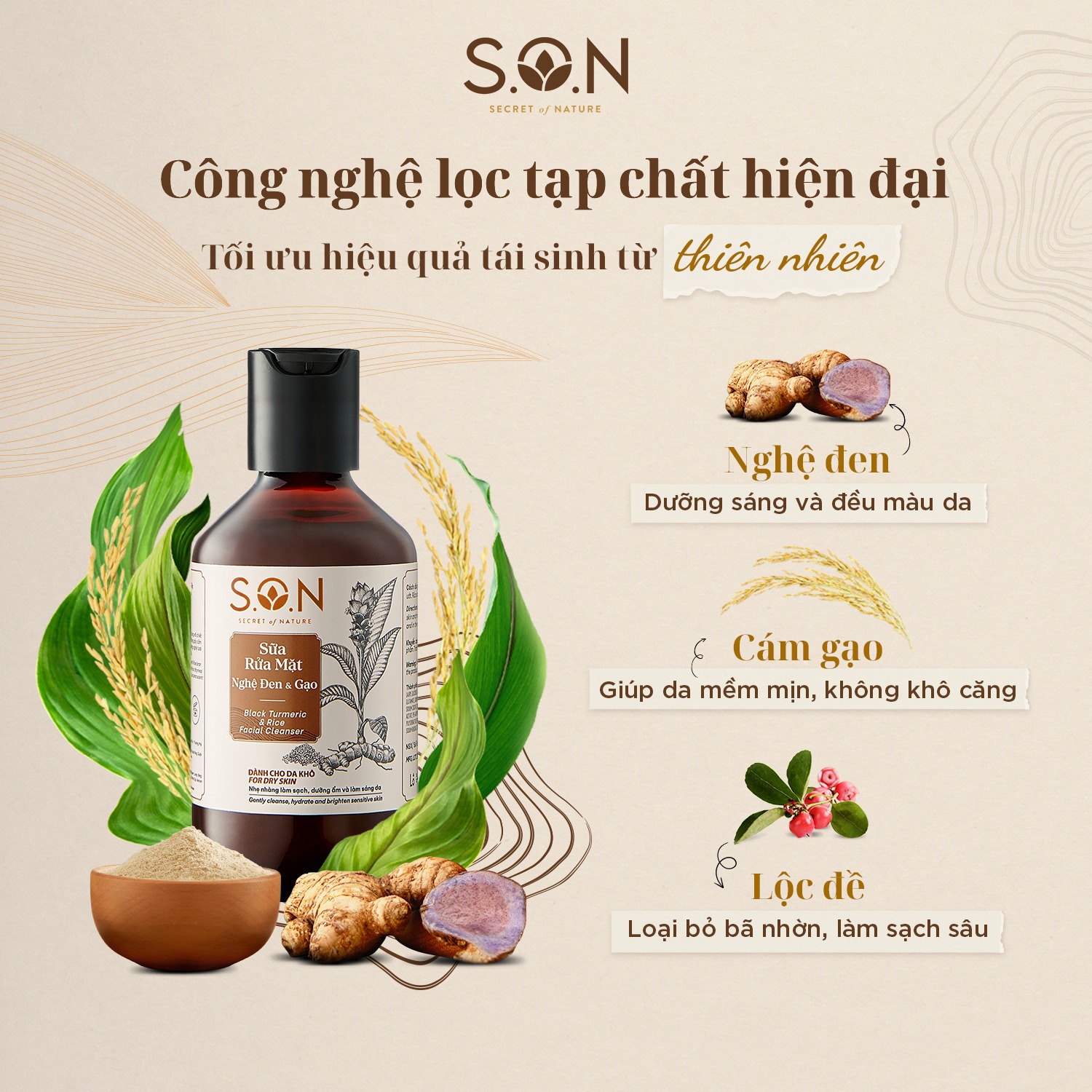 Sữa rửa mặt nghệ đen & gạo S.O.N dành cho da khô 100ml