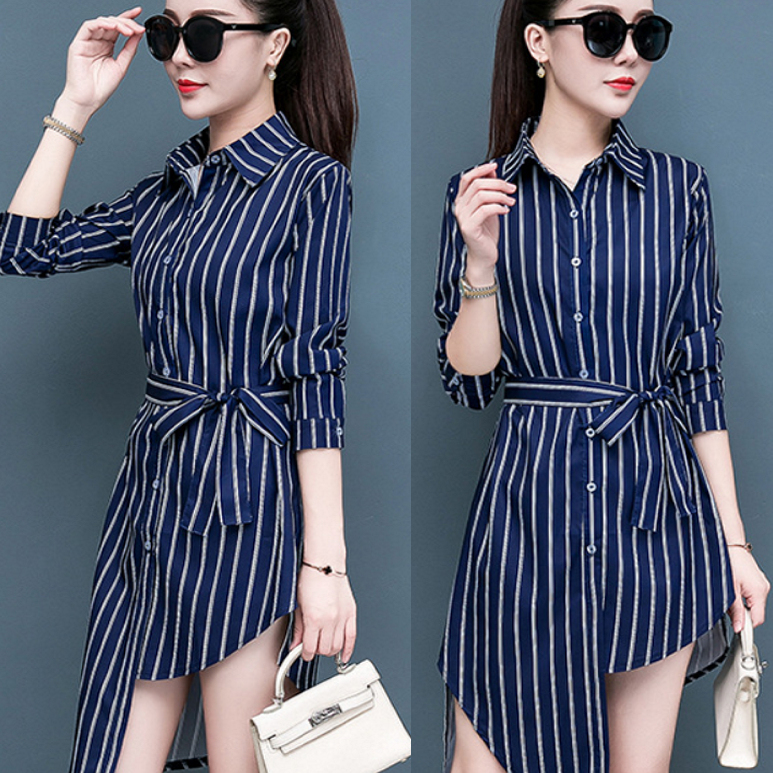 Đầm Sơ Mi Lệch Tà Thắt Dây Eo Cá Tính DN067 MayHomes Sơ Mi Nữ Form Dài