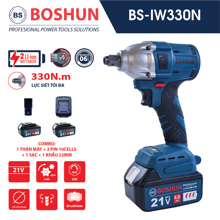 Máy Siết Bulong Boshun, Lực Siết 330N - Không Chổi Than, Pin Phổ Thông - Mở Ốc Ôtô Tải Dễ Dàng Bs-Iw330N Giá 1,250,000 Đồng*Miễn phí vận chuyển