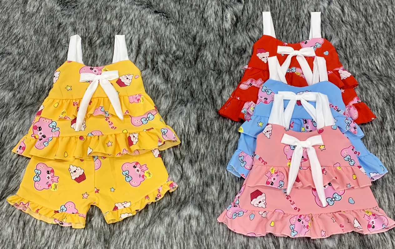 Bộ Lụa Tầng Hai Dây Phối Nơ Bé ( 6-14kg) (giao màu ngẫu nhiên)