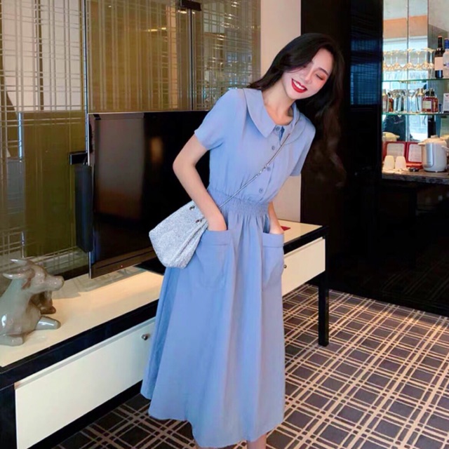 [HCM]Đầm xanh 2 túi