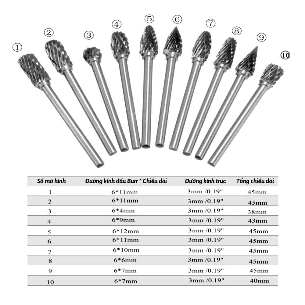 🔥FREESHIP🔥 Bộ 10 Mũi Mài, Khắc Hợp Kim, Gỗ Lũa Cao Cấp Cán 3mm