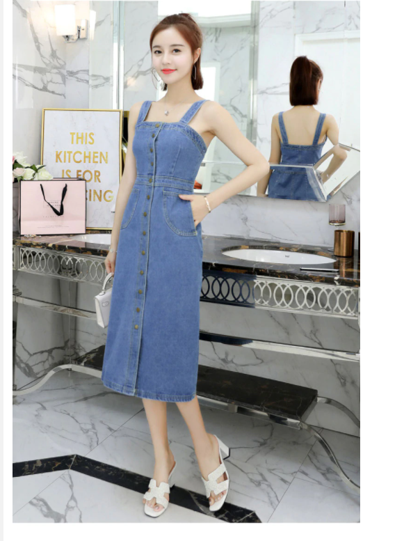 ĐẦM JEAN 2 DÂY PHỐI HÀNG NÚT D7780