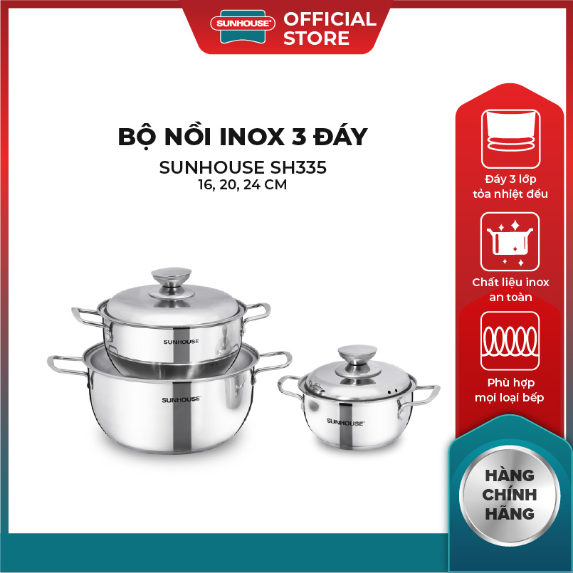 Bộ Nồi Inox 3 Đáy SUNHOUSE SH335 - 16, 20, 24 cm - Đáy 3 Lớp Truyền Nhiệt Nhanh - Chất liệu inox cao cấp không bị oxy hoá - Phù Hợp Mọi Loại Bếp - Hàng Chính Hãng