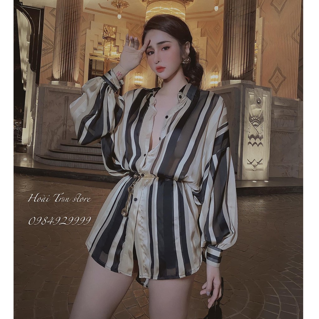 Áo sơ mi lụa sọc sang chảnh dáng rộng hàng đẹp sexy