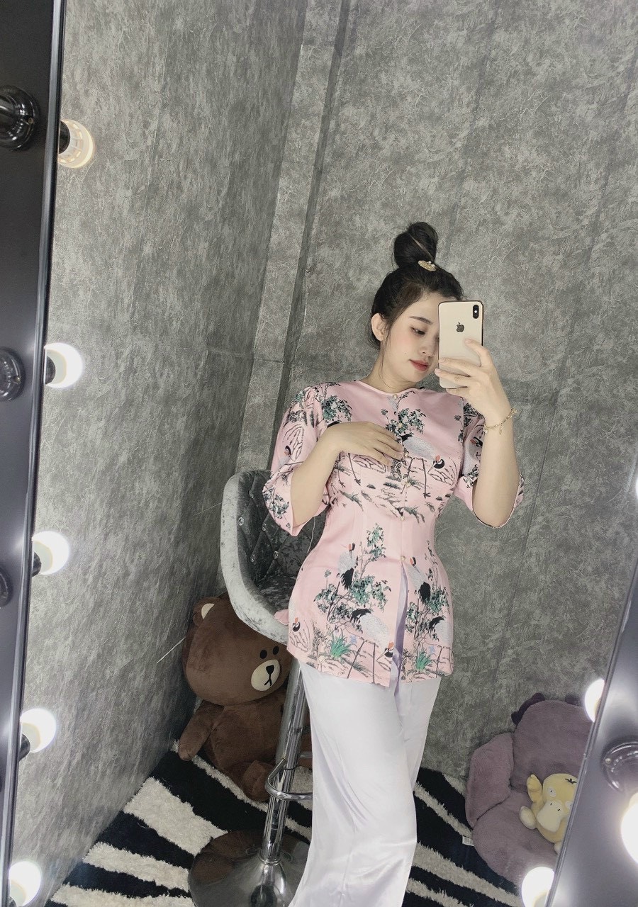 Áo bà ba cách tân lụa gấm dây kéo