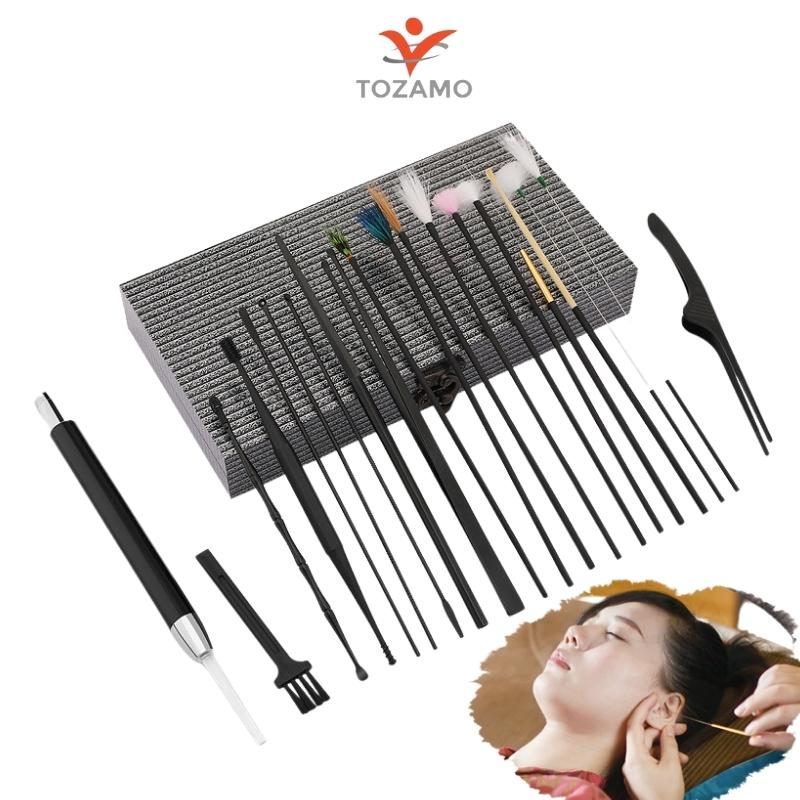 Bộ lấy ráy tai,dụng cụ lấy ráy tai 20 món hộp gỗ mun,tích hợp lấy ráy tai có đèn cao cấp tozamo