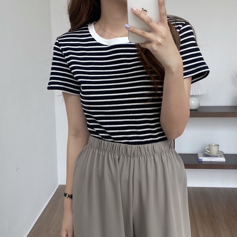 Áo thun nữ sọc phối viền màu thời trang
