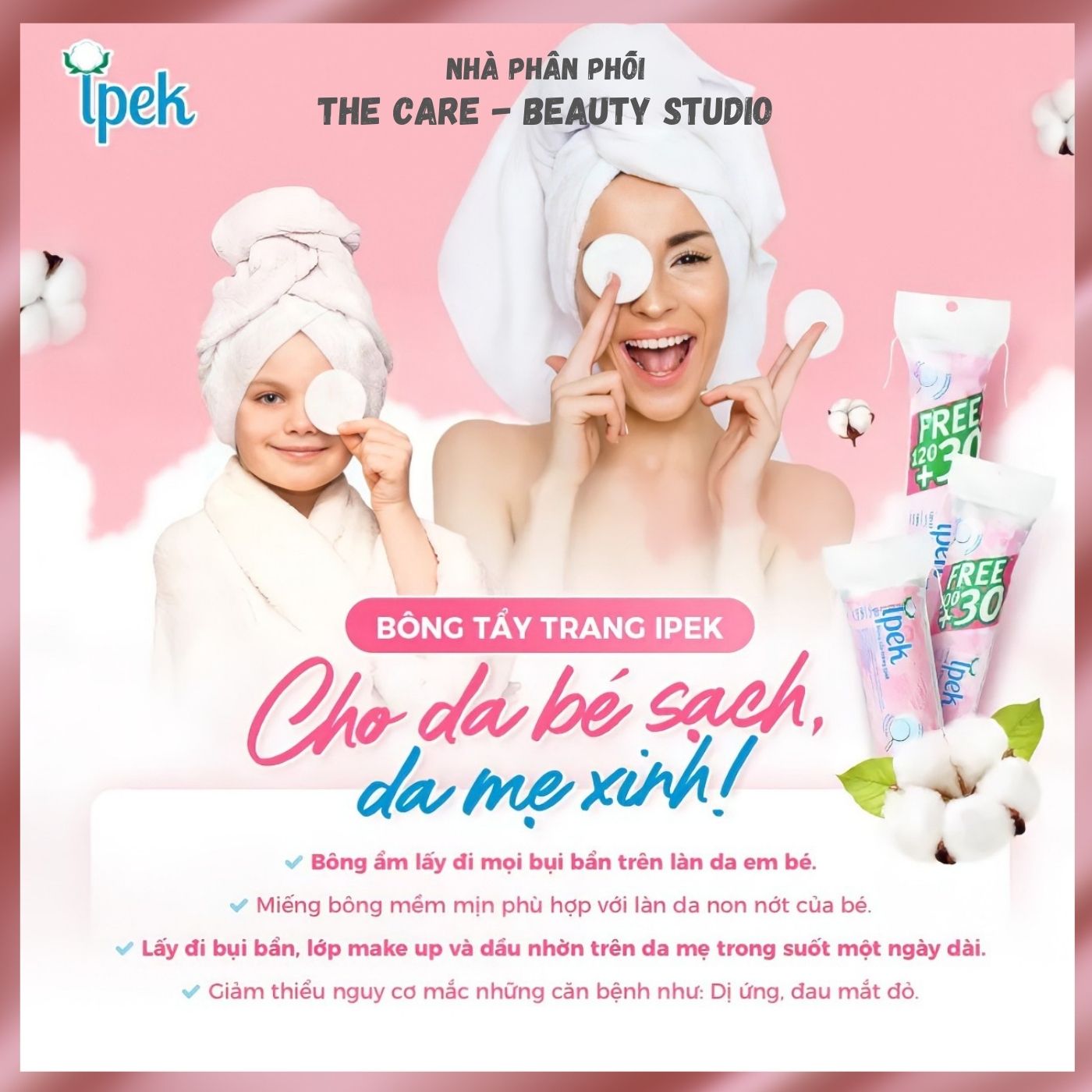 Combo 2 túi Bông tẩy trang Ipek 150 miếng, 100% cotton, thương hiệu bông tẩy trang an toàn, được tin dùng - THE CARE BEAUTY STUDIO