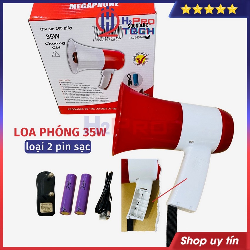 Loa phóng thanh cầm tay công suất lớn 35w ghi âm, phát lại có cổng usb, thẻ nhớ, pin sạc, loa bán hàng rong-h2pro tech
