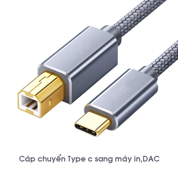 Cáp chuyển type c sang máy in, máy fax, dac usb 2.0 type b dây bện dù cao cấp dài 2m