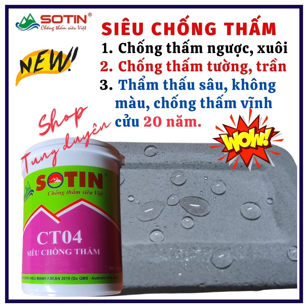 Lon 5 lít Chống thấm vĩnh cửu, công nghệ hiệu ứng lá sen, chống thấm tường, trần nhà, chống thấm thuận ngược cực kỳ hiệu quả, độ bền lên tới trên 20 năm, không có màu, có mùi nhẹ. Siêu chống thấm SOTIN CT04 cao cấp
