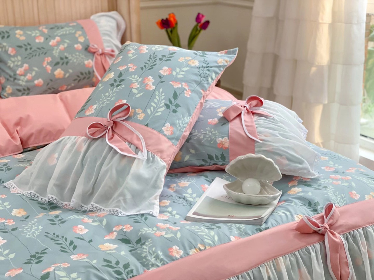 Bộ chăn ga cotton viền bèo