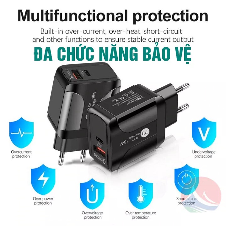 Củ sạc nhanh Usb Qc3.0 cho iphone và các máy androi hỗ trợ 2 cổng USB và Type C