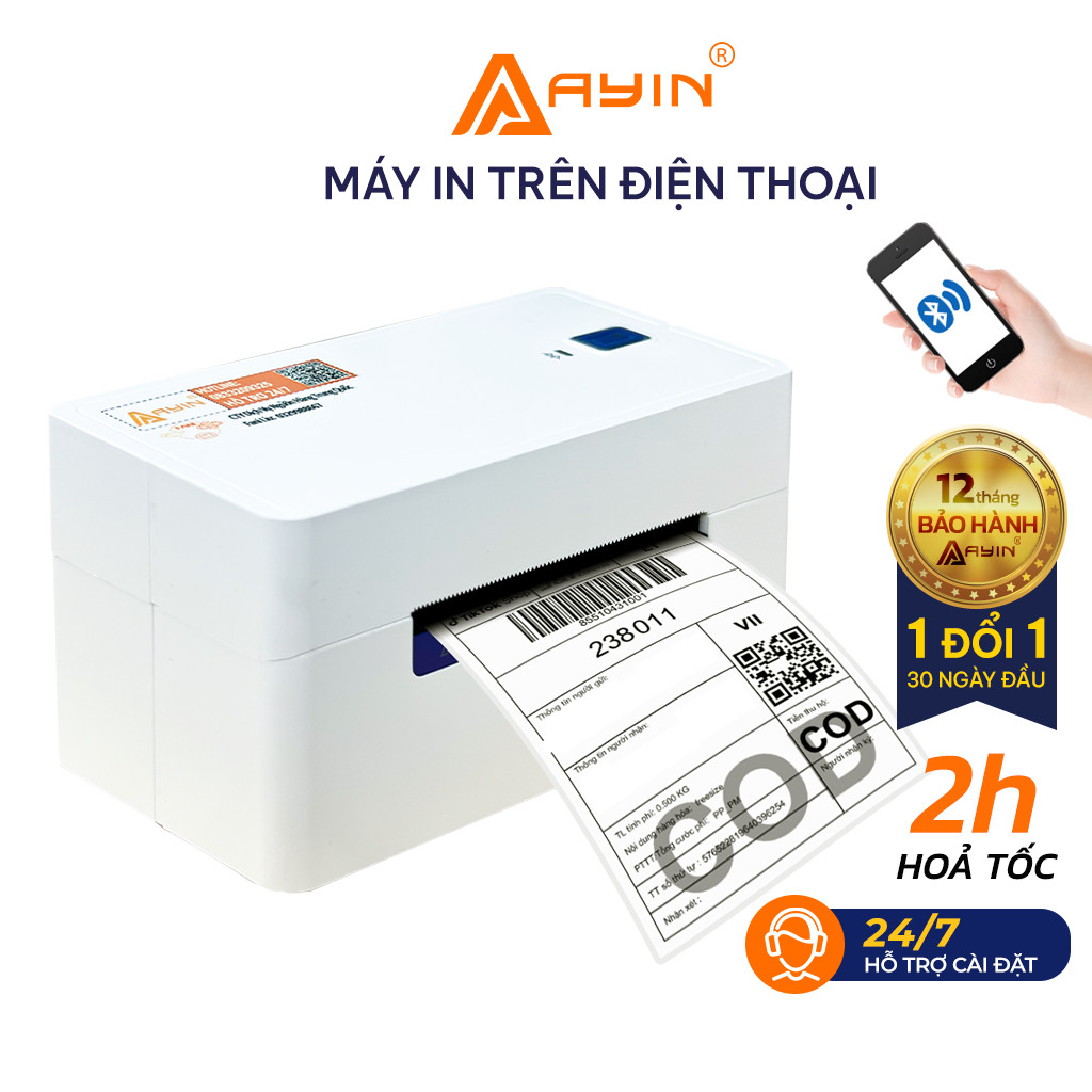 Máy in đơn hàng qua điện thoại 368BT, in nhiệt AYIN in đơn hàng mã vận đơn