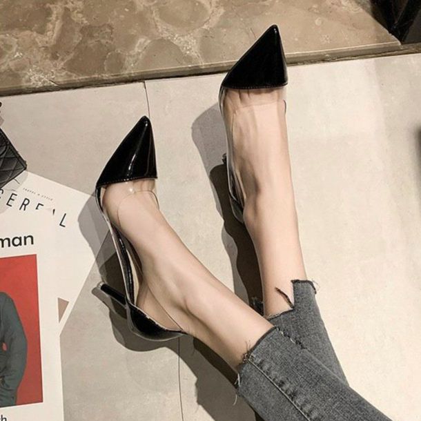 Giày cao gót gót nhọn 8p bít mũi phối meca - PHOM NHỎ BM71