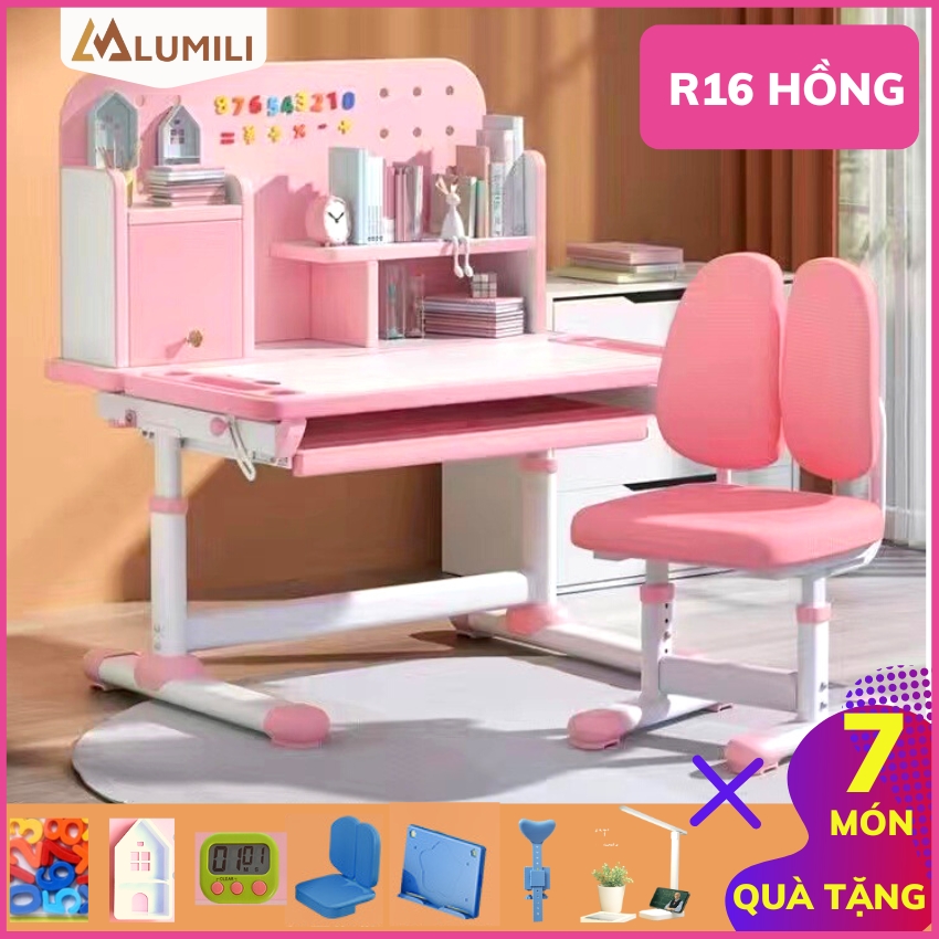 Bàn học sinh Lumili R16 có giá sách chống gù chống cận, bàn ghế thông minh trẻ em bộ bàn học kèm kệ sách cho học sinh tiểu học nâng hạ độ cao