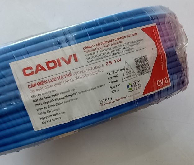Dây cáp điện đơn CV 6.0 CADIVI. Cuộn 100 m