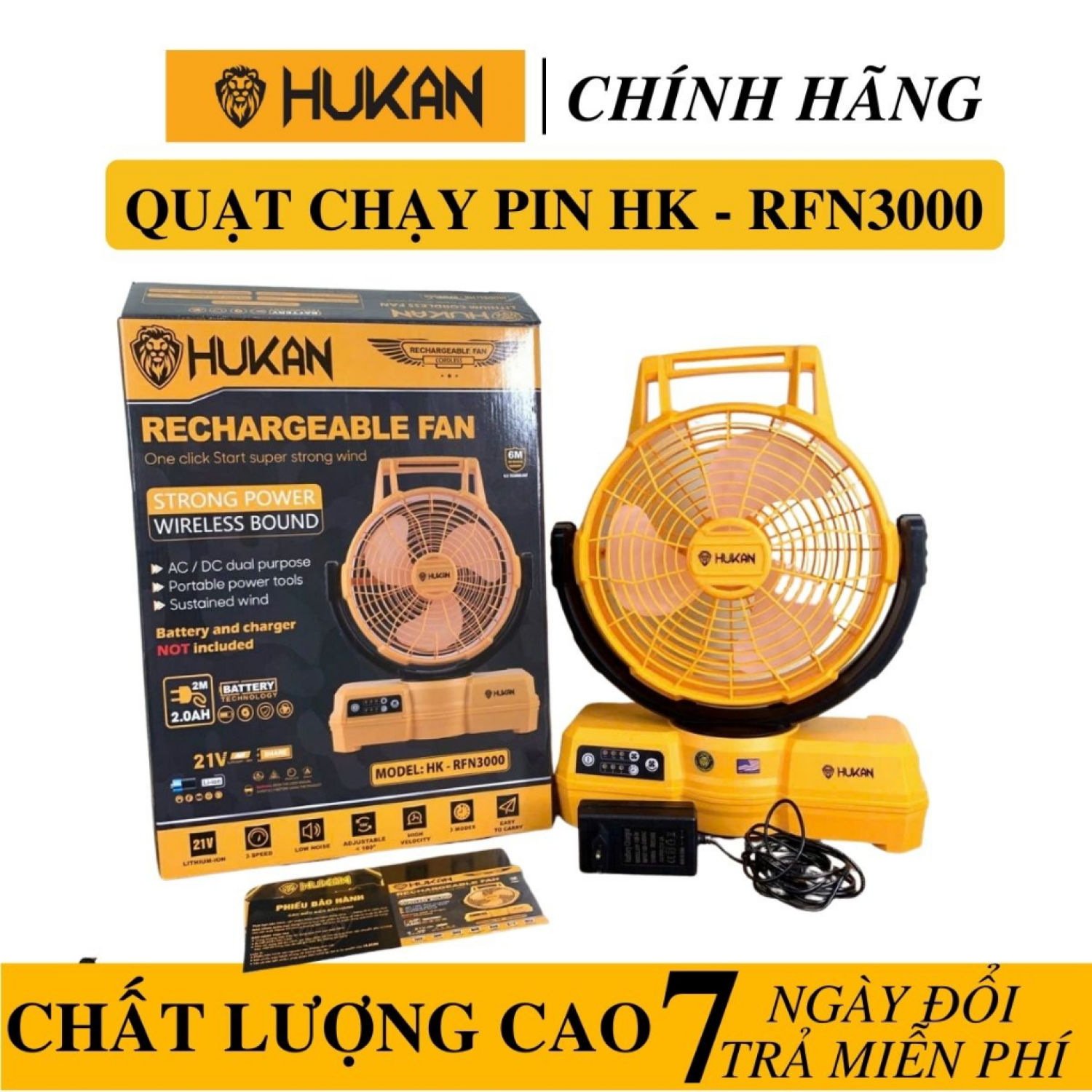 Quạt chạy pin Hukan HK-RFN3000 chân pin phổ thông. - Quạt chạy pin Hukan bảo hành chính hãng