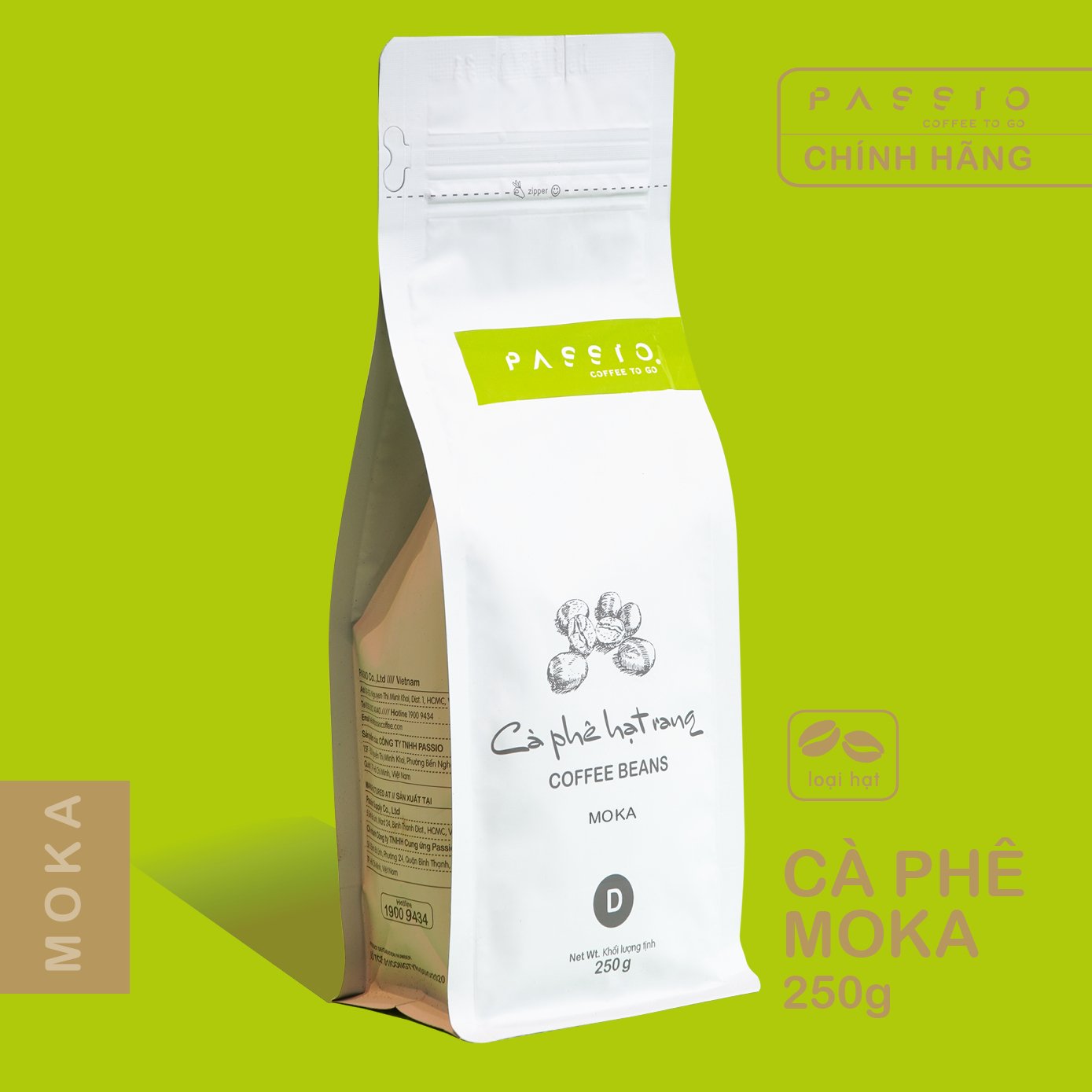 Cà phê Moka dang Hạt nguyên chất 100% rang mộc - Passio Coffee (250g)