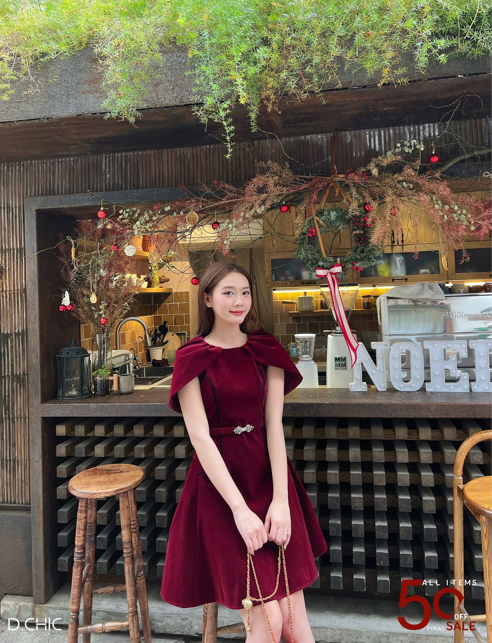 D.CHIC Đầm nhung tay kếp xếp ly eo thắt đai MS: 2813233