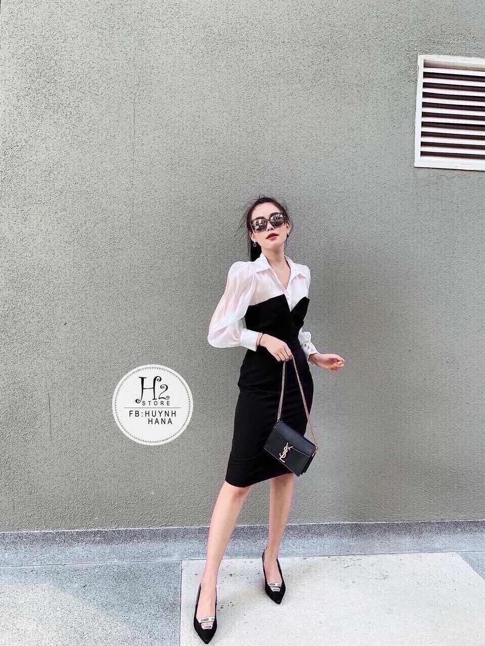 Set đầm cup ngực phối áo sơ mi sang chảnh thanh lịch qc
